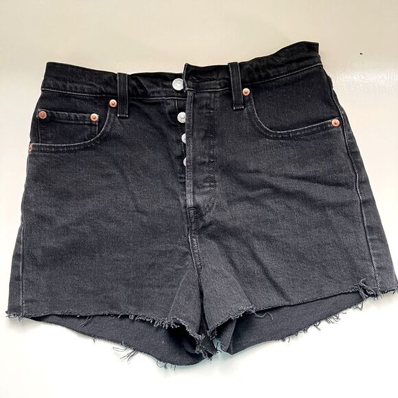 Levi’s Ribcage Shorts Cutoffs Jean Shorts Denim Black Button Fly Size 28 - Picture 1 of 7